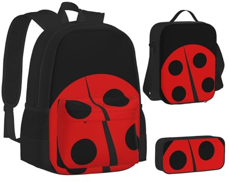 MLTRFGJ Ladybug bedrucktes 3-teiliges Rucksack-Set, kombiniert Rucksack, Federmäppchen und Lunchtasche, Schwarz , Einheitsgröße, Schulranzen