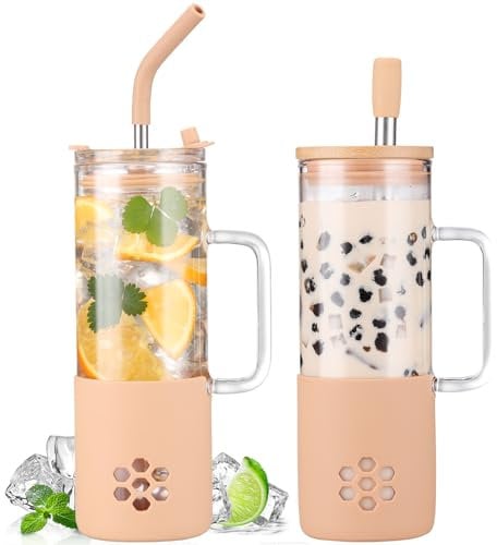 BLUEGO Gobelets en verre 600 ml avec 2 couvercles et poignée, Tasse en verre Avec pailles,Tasses à café glacé, Gobelet à jus de smoothie de 0,6 L, Tasse à thé aux perles, Ambre