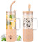 BLUEGO 600ml Glass Cups with 2 Lids and Handle, Cute Glass Tumbler with Straws and Silicone Sleeve, Iced Coffee Cup, 0.6L Smoothie Tumbler, Reusable Bubble Tea Cup, Travel Mug,Amber