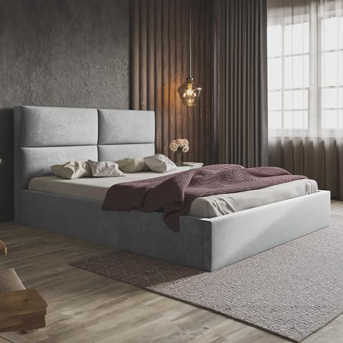 MOTIVENA Livi Polsterbett 120x200 Grau Samt Mit Bettkasten Und Stauraum, Lattenrost, Kopfteil, Ohne Matratze, Hellgrau