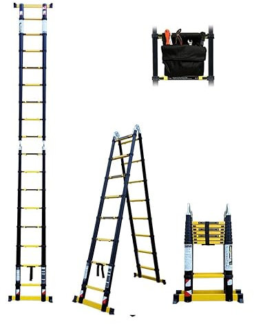 Escabeau-échelle télescopique woerther Double Fonctions - 5m/2m50 - avec Sac Porte Outils - modèle grafitek, en Graphite et Aluminium 7175t6 avec Doubles Barres stabilisatrices - Garantie 5 Ans
