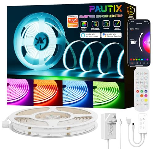 PAUTIX RGB COB LED Strip Light 10M,Colour Changing Dimmable Strip Light DC24V,Work with Alexa/Google Assistant/Tuya Multicolour Flexible Tape Light,for TV,Bedroom,Party DIY Decoration