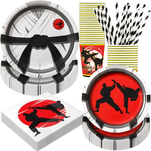 BOIKOKY 120 Pièces Décorations de Fête d'Anniversaire sur le Thème de Karaté, Fournitures de Fête sur le Thème de Karate, Vaisselle Jetable | Pour 24