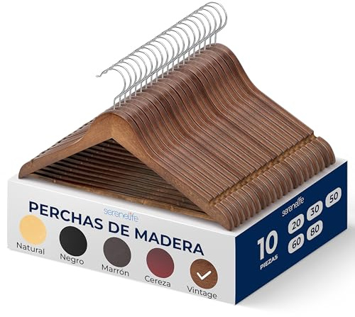 SereneLifeHome Perchas Madera, Ropa, Pack de 10, Antideslizantes, con Gancho Giratorio de 360°