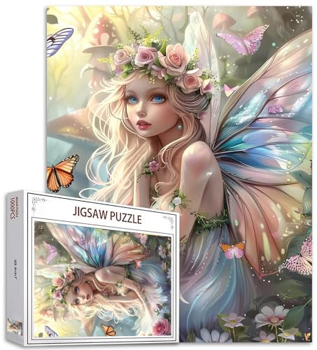 Princess Jigsaw Puzzles 1000 Stück für Erwachsene, Familien (Fairy Girl, Rose, Wald, Schmetterling, Blumen Pilz) Stücke passen perfekt zusammen Frau mit Flügeln Frameable Magic Puzzle Art