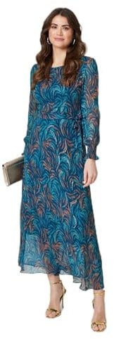 Izabel London Abstract Long Sheer Sleeve Maxi Dress for Women UK with Sheer Long Sleeves and a Maxi Length Hem. Teal