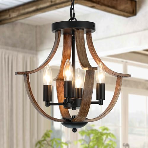 LAMPKEDUO Farmhouse Hängeleuchte mit 4 Leuchten, rustikale Deckenleuchte, moderner Kronleuchter aus Kunstholz, Vintage-Kronleuchter für Esszimmer, Küche, Insel, Foyer, Flur, Eingangsbereich