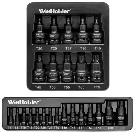 WinHolder 25pcs Impact TORX Star BIT Sockets 1/2'' Drive T20 to T70 & Impact Torx Bit Socket Set 1/4 3/8 1/2 T6-T70 TRX-Star Car Garage Repair Tool Kit