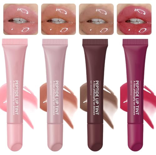 Peptide Lip Tint*4, Lip mit Peptiden,Feuchtigkeitsspendend und Hydratisierend,Lippenbalsam,Peptide Lip,Long Lasting Glossy Lip Gloss(Reines Rosa,Rosengrau,Sattes Braun,Himbeere)