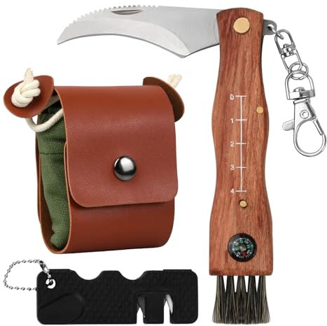 Amexo Coltello per Funghi, Portatile Coltello da Funghi con Spazzola, Acciaio Inox Coltellino Funghi con Sacco di Raccolta, Coltellino Funghi Richiudibile con Bussola per la Raccolta dei Funghi,Verde