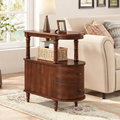PADMA HOUSE Solid Wood End Table with 2 Drawers, Narrow Sofa Side Table Slim Chair Side Desk with Storage Shelf, Slim Nightstand Bedside Table, Solid Wood Narrow Telephone Table (Cherry Walnut 1 PC)