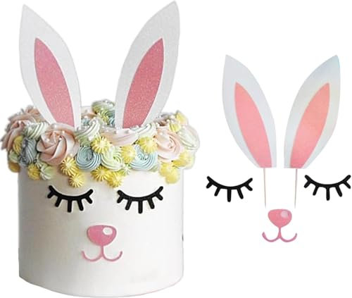 Hasenohren Tortendeko,Hasenohren Cake Topper mit Wimpern Nase, Ostern Hasen ohren Kuchen Deko,Hasenohren Tortendeko Geburtstag, für Ostern Kaninchen Thema Baby Dusche Kinder Geburtstag Party (D)