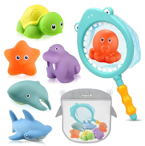 BITOYO Jouet de Bain Bébé, Jouets Bain pour Bebe Enfant 1 2 3 4 Ans, Jouets Squirt avec Filets de Pêche et Sacs de Rangement, Jouets de Douche Bébé Animaux Jouets Flottants pour Bébés Enfant