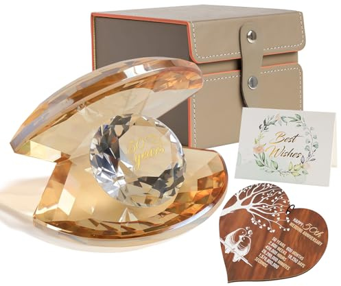 Crystal Shell Golden Wedding Anniversary Romantic Gift Ideas，50th Wedding Anniversary Present for Parents Love Marriage Keepsake Presents With Wooden Heart Plaque Ornament and Card
