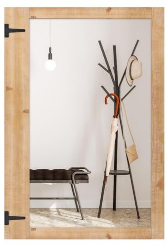 RELAX4LIFE Wandspiegel mit Holzrahmen, 97 x 67 cm großer rechteckiger Hängespiegel, Dekospiegel mit Metallhaken zum Aufhängen, Badspiegel Natur, Holzspiegel für Schlafzimmer, Wohnzimmer, Flur