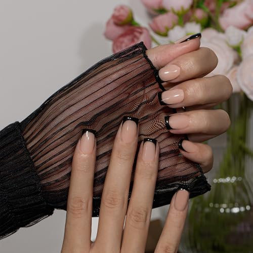 KQueenest French Tip False Nails with Glue, Black Press on Nails Short Square, Natural Nude Full Cover Short Fake Nails Press ons, Reusable Soft Gel Stick on Nail for Women, 30 Pcs