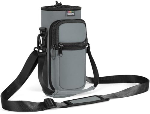Nuovoware Sac à Bouteille en Néoprène, 750ml Porte-Bouteille avec Bandoulière&Dragonne Ajustable, Sac Fourre-Tout avec Poche, Accessoire Parfait pour Voyage Randonnée Camping, Gris