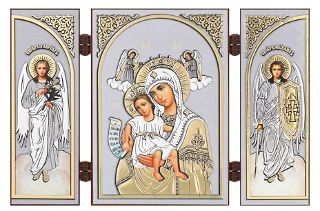 NKlaus Triptychon aus Holz – Gottesmutter Würdig Ist, 13x8x0,6cm, 1 Stück | Christliche Ikone als Reisealtar; mit Erzengel Gabriel und Michael, goldener Prägung und Lackschicht
