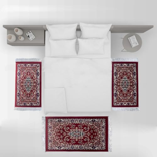Italia Magazzini Set 3 Tappeti Forma Rettangolare Camera Letto Scendiletto Persiano Con Frange (Rosso)