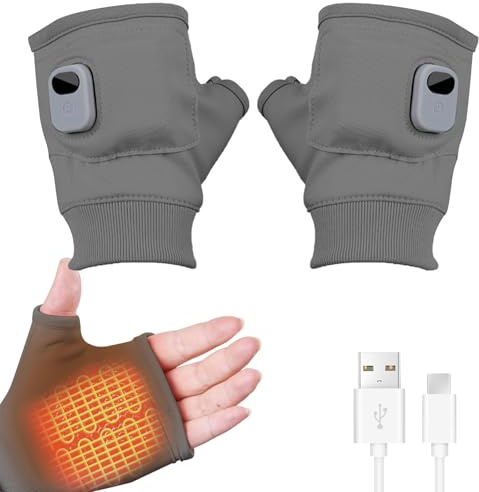Heated Gloves, Rechargeable Heated Fingerless Gloves, Half Finger Heated Gloves, Adjustable Heating Riding Gloves, Fast Heating, for Winter Indoor Outdoor Work Sports (Grey)