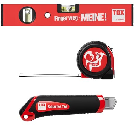 TOX Werkzeug-Set mit Cuttermesser, 5m Rollmaßband und 30 cm Wasserwaage mit Aufdruck, Teppichmesser (2 Ersatzklingen) und Maßband in schlagfestem ABS-Gehäuse, jeweils 1 Stück, 09790903