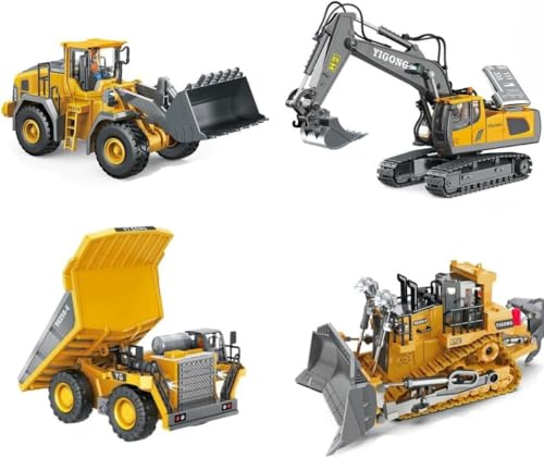 ADTHLIER Remote Control Excavator (11-Channel), Dump Truck, Bulldozer, Loader (9-Channel), 2.4GHz Remote Control Construction Vehicles, Metal Construction, with Cool Lights and Sound Effects, 4-Pcs