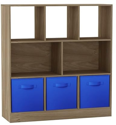 URBNLIVING Asymmetrical 8 Cube Oak Bookcase Storage Unit with 3 Fabric Drawer Inserts – Wooden Display Shelf for Home, Office, or Bedroom Organization Dark Blue