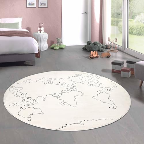 CARPETIA Kinderteppich Rund Weltkarte Creme Hoch-Tief Ø 160 cm | Weich, pflegeleicht, strapazierfähig, formstabil und schadstofffrei, OEKO-TEX geprüft, für Fußbodenheizung