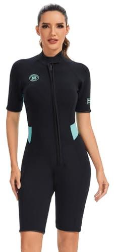 Lemorecn Wetsuits for Women 2mm Shorty Wetsuit Front Zip, GREEN,L