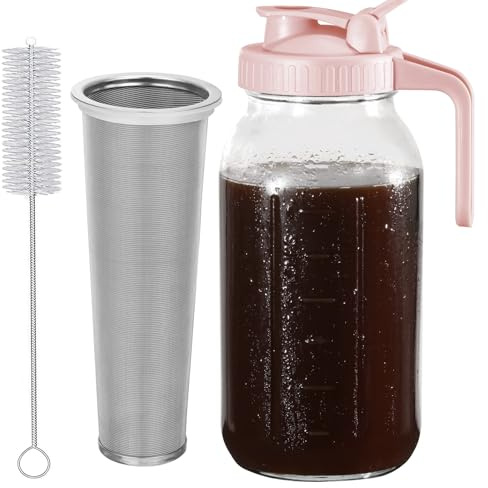 Glyntrof Cold Brew Coffee Maker Pitcher, Pink 64 Oz Heavy Duty Wide Mouth Glass Mason Jar pour spout Lid with Stainless Steel Filter for Iced Coffee, Ice Drinks