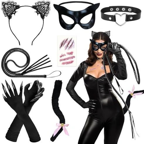 iZoeL Déguisement Chat Noir Deguisement Femme Halloween Carnaval Costume | Noir, Chat Femme, Halloween, Carnaval, Cosplay, Serre-Tête, Masque, Queue, Gants, Collier, Fouet, Tatouage, Deguisement Femme