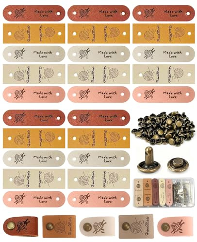 ALONK 25 Stück Handmade Label mit 50 Nieten, Pu Personalisiert Handmade Label Zum Annähen für DIY, Kleidung, Taschen, Persönliche Näharbeit und Geschenke