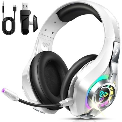 Ordtop Wireless Gaming Headset with Bluetooth 5.4 for PC/PS5/PS4, 6D Stereo | 2.4GHz Low Latency, Gaming Headphones with Noise Cancelling Mic, 40Hrs Surround Sound, Lightweight, USB-C Fast Charging,White