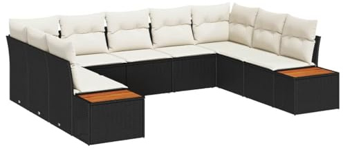 Qnhdfrt Gartensofa Set 9-Sitzer, Lounge Möbel aus Poly Rattan mit Akazienholz, Eckbank und Mittelsofa für Terrasse und Garten, Moderne Außen-Sitzgruppe Schwarz