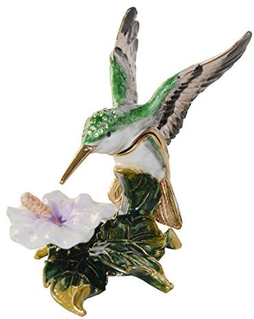 MIXDOM Schmuckkästchen, Kolibri mit weißer Blume, Schmuckkästchen, handbemalt, dekorative Box mit Scharnierdeckel, Ring- und Ohrringhalter, Vogelfigur, Sammlerstück