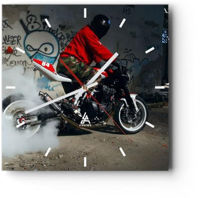 Modern Wanduhr Motorrad motorradfahrer graffiti 40x40cm Quadrat Groß Wand Uhr Glas Analog Zimmeruhren Küche Büro Wohnzimmer Glasuhr Wall Clock Dekoration Design Wanddekoration Küchenuhr C3AC40x40-2265