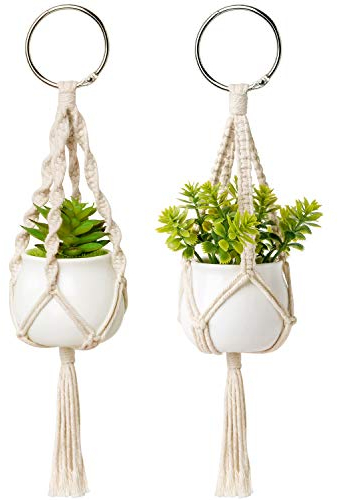 Dahey Mini Macrame Plant Car Accessories Rear View Mirrior Charm Cute Hanging Rearview Car Decor Boho Hanger with Artificial Succulent for Plant Lover, 2 Pcs, 10.5 inch, White
