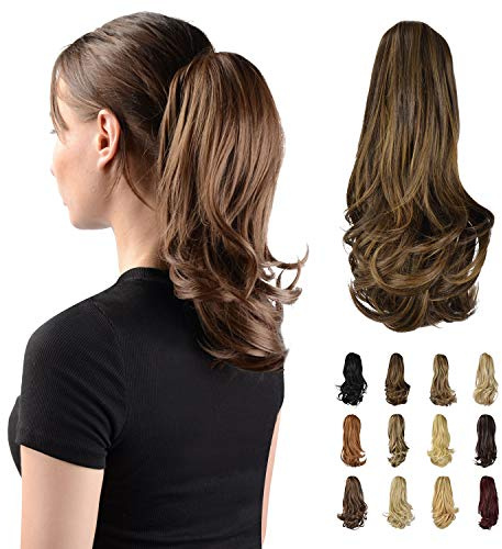 Sofeiyan 13 Ponytail Extension Long Curly Ponytail Clip in Claw Hair Extension Natural Looking Synthetic Hairpiece for Women,Dark Brown mix Strawberry Blonde Unevenly