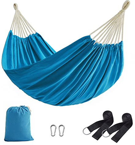 SONGMICS Hängematte, 210 x 150 cm, Doppelhängematte, Belastbarkeit 300 kg, für Garten, Terrasse, Balkon, Outdoor, Camping, mit Tragetasche, Befestigungsgurten und Karabinern, blau GDC15BU