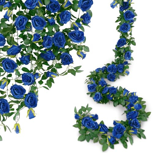 U'Artlines Künstliche Rosen-Ranke, Seidenblumengirlande, Hängekörbe, Pflanzen für drinnen und draußen, Zuhause, Hochzeitsbogen, Garten, Wanddekoration (5 Stück, Königsblau)