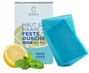 Duschbrocken Feste Dusche Maxi Minz – 2in1 Shampoo & Duschgel ohne Plastik – Vegan für Haut & Haar – mit Bio-Kokosöl – Reisegeeignet & palmölfrei