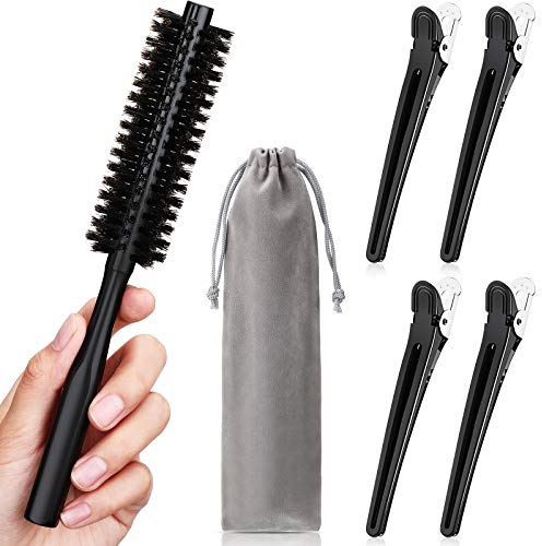 1,2 Zoll Kleine Runde Haarbürste für Kurz Haar, Wildschweinborsten Runden Bürste mit 4 Stücke Haarspangen und Kordelzug Tasche Holzgriff Bürste für Bart Haar Styling Elf Dünn Haar und Knall