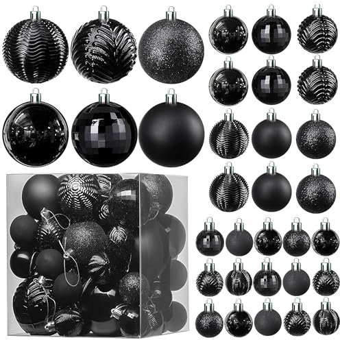 Prextex Black 36-Piece Shatterproof Christmas Ball Ornaments - Glitter Baubles and Shape Styles for Tree Decorations, Exquisite Xmas Combo