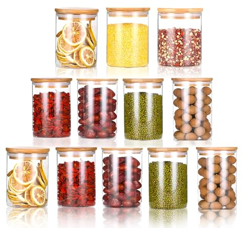 XUDREZ 200ml Glass Jars with Bamboo Lids Silicon Ring, 12 Set Spice Jars Air Tight Kitchen Containers for Storage Containers for Home Kitchen Tea Pasta Coffee Flour Herbs Grains