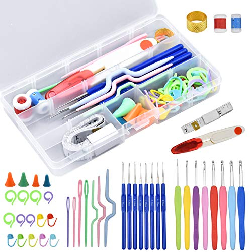16pcs Häkelnadeln Häkelnadel Set Ergonomisch Häkelnadeln Set Häkeln Stricken Nadeln Bunte Häkelsets mit Häkelhaken Stricknadeln, Stricken Zubehör mit Maschenmarkierer Scher, Fingerhut Aufbewahrungsbox