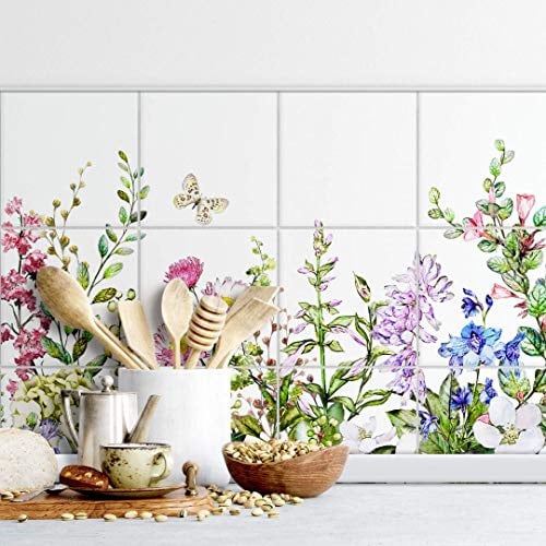 selbstklebende Fliesenaufkleber Möbelfolie modern 10x10cm Sommerwiese Blumen 12er Set