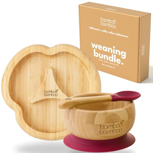 bamboo bamboo Baby Plate & Bowl Set for Feeding and Weaning, Bamboo Divider Plate, Toddler Bowl & Baby Spoon, Suction Plates for Babies from 6 Months (Cherry)