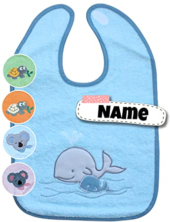 Baby Lätzchen mit Klettverschluss | 100% Bio Baumwolle | bestickt mit Namen | Riesen Lätzchen | Baby Latz | personalisiert | Spucktücher (Wal Minze)