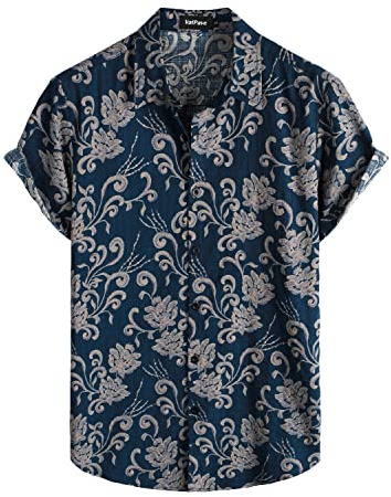 VATPAVE Mens Hawaiian Shirt Short Sleeve Button Down Shirts M NavyVintage