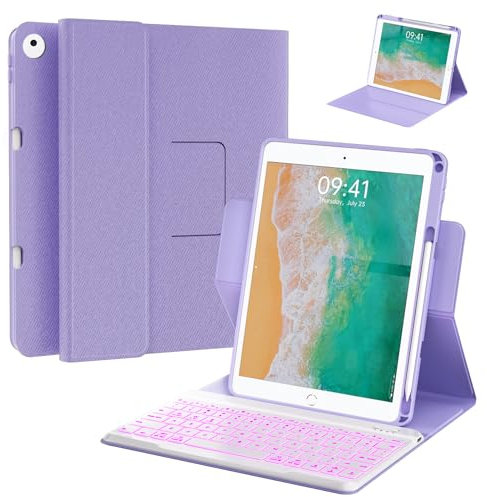 BLUTLOTUS Funda con teclado para iPad de 9.7 pulgadas, 5ª 6ª generación, rotación de 360°, funda con teclado para iPad Air 2 con soporte para lápices (2018/2017/2014), 7 colores retroiluminados, funda